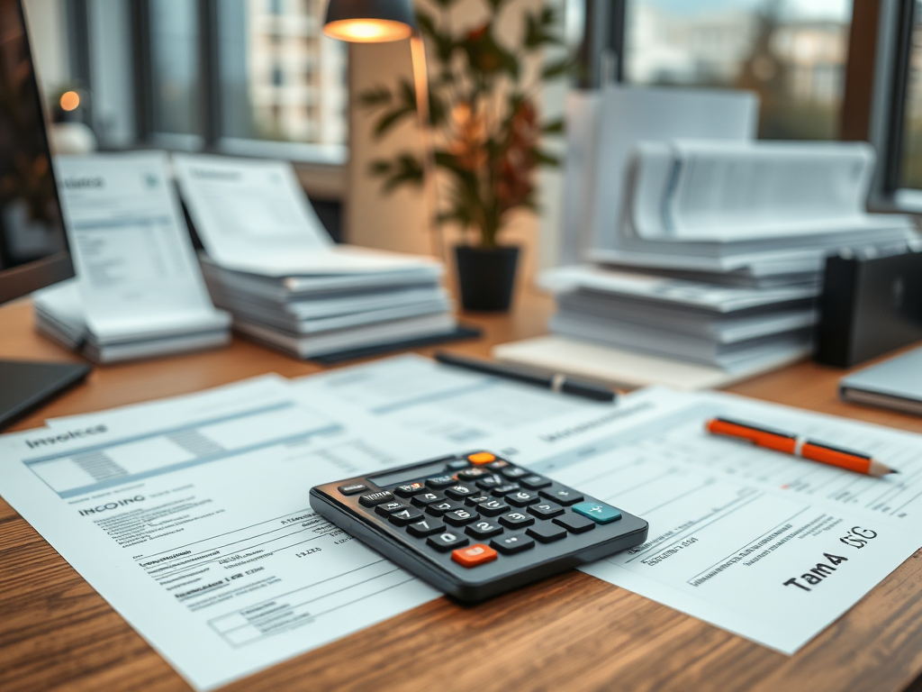 Bàn làm việc văn phòng hiện đại với máy tính, hóa đơn và tài liệu thuế được sắp xếp gọn gàng, tạo không gian làm việc chuyên nghiệp cho kế toán viên