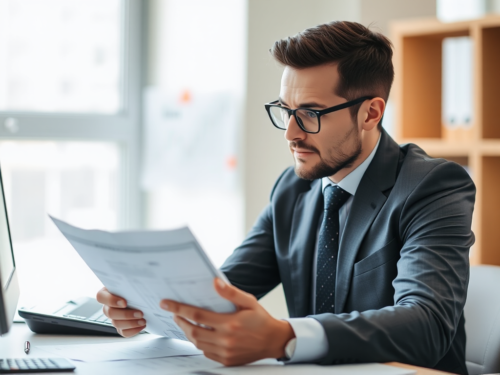 Chuyên viên kế toán đang xem xét tài liệu thuế trên bàn làm việc, biểu cảm tập trung, văn phòng có máy tính và máy tính bỏ túi, ánh sáng tự nhiên từ cửa sổ