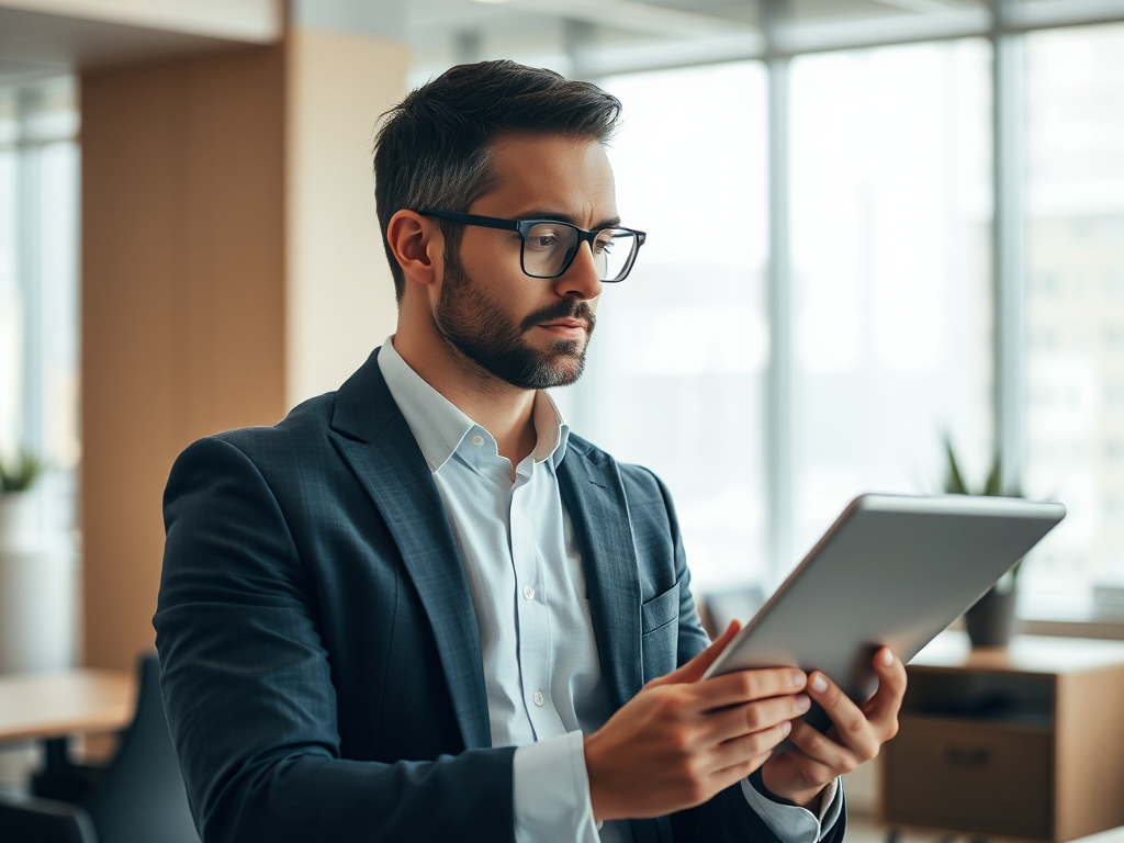 Chuyên viên kế toán làm việc với hóa đơn và tài liệu tài chính trên máy tính bảng trong văn phòng hiện đại, ánh sáng tự nhiên dịu nhẹ, môi trường làm việc chuyên nghiệp