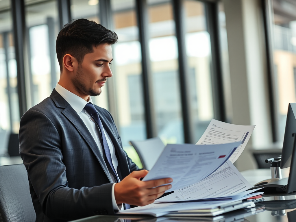 Chuyên viên kế toán phân tích tài liệu tài chính trong văn phòng hiện đại với ánh sáng tự nhiên, không gian làm việc chuyên nghiệp và có tổ chức