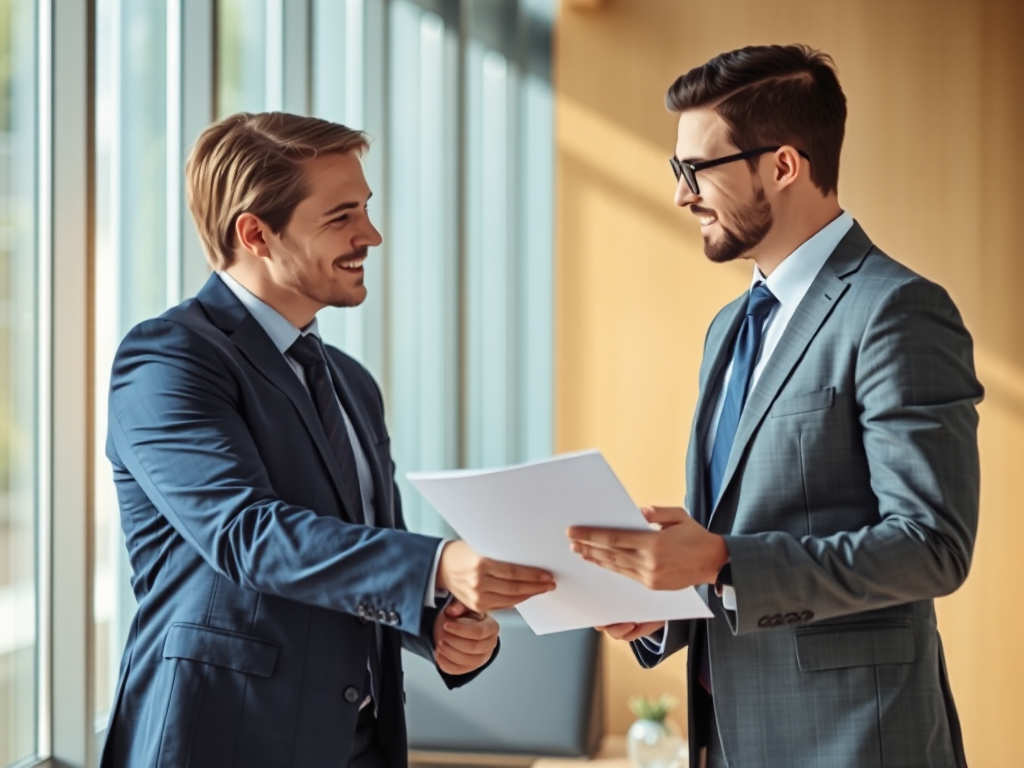 Hai chuyên gia kinh doanh trao đổi tài liệu trong văn phòng hiện đại với ánh sáng tự nhiên, thể hiện hoạt động giao dịch hóa đơn trong môi trường doanh nghiệp