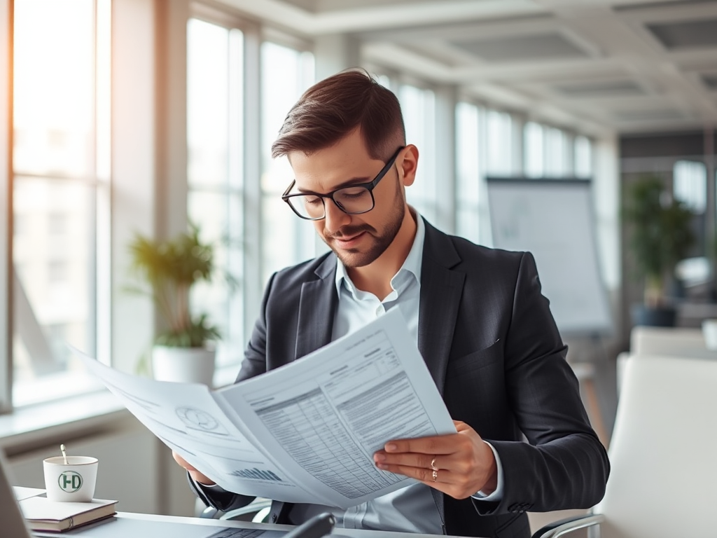 Hình ảnh chuyên viên kế toán đang làm việc với hóa đơn và tài liệu tài chính trong văn phòng hiện đại, ánh sáng tự nhiên dịu nhẹ tạo không gian chuyên nghiệp.