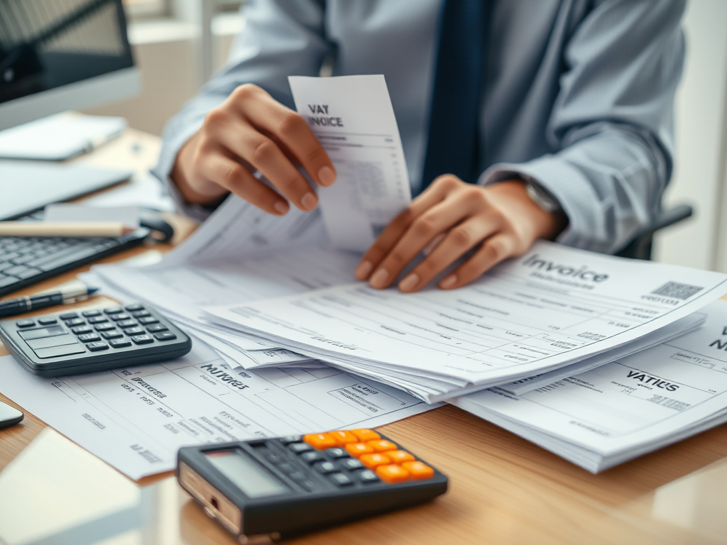 Hình ảnh kế toán sắp xếp các loại hóa đơn VAT trên bàn làm việc, máy tính và máy tính bỏ túi, không gian văn phòng chuyên nghiệp với ánh sáng tự nhiên