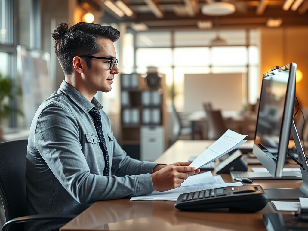 Hình ảnh kế toán viên đang làm việc tại bàn với tài liệu, máy tính và máy tính bỏ túi trong văn phòng chuyên nghiệp, dịch vụ xuất hóa đơn đỏ được thể hiện qua quy trình làm việc kế toán.