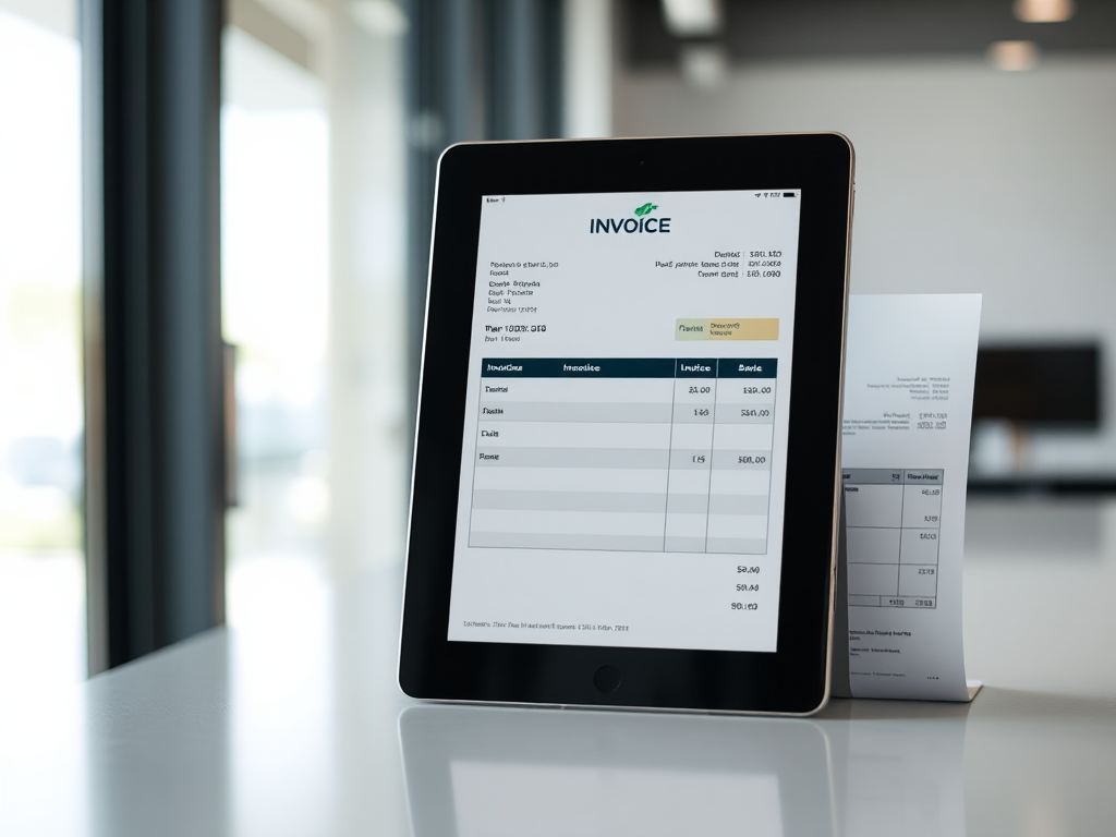 Hình ảnh so sánh hóa đơn điện tử trên máy tính bảng và hóa đơn giấy truyền thống trong môi trường văn phòng hiện đại, thể hiện sự khác biệt giữa hai hình thức hóa đơn.
