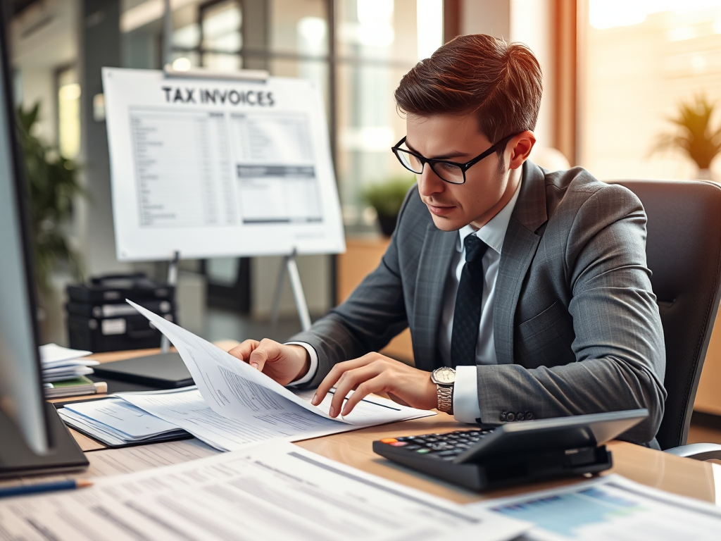 Kế toán đang xem xét hóa đơn GTGT tại bàn làm việc với máy tính và tài liệu được sắp xếp gọn gàng trong không gian văn phòng chuyên nghiệp
