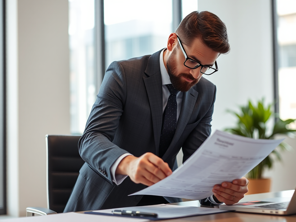 Kế toán viên chuyên nghiệp xem xét hóa đơn thuế GTGT trong văn phòng hiện đại, không gian làm việc được sắp xếp gọn gàng với máy tính và máy tính bỏ túi, ánh sáng tự nhiên tạo cảm giác chuyên nghiệp