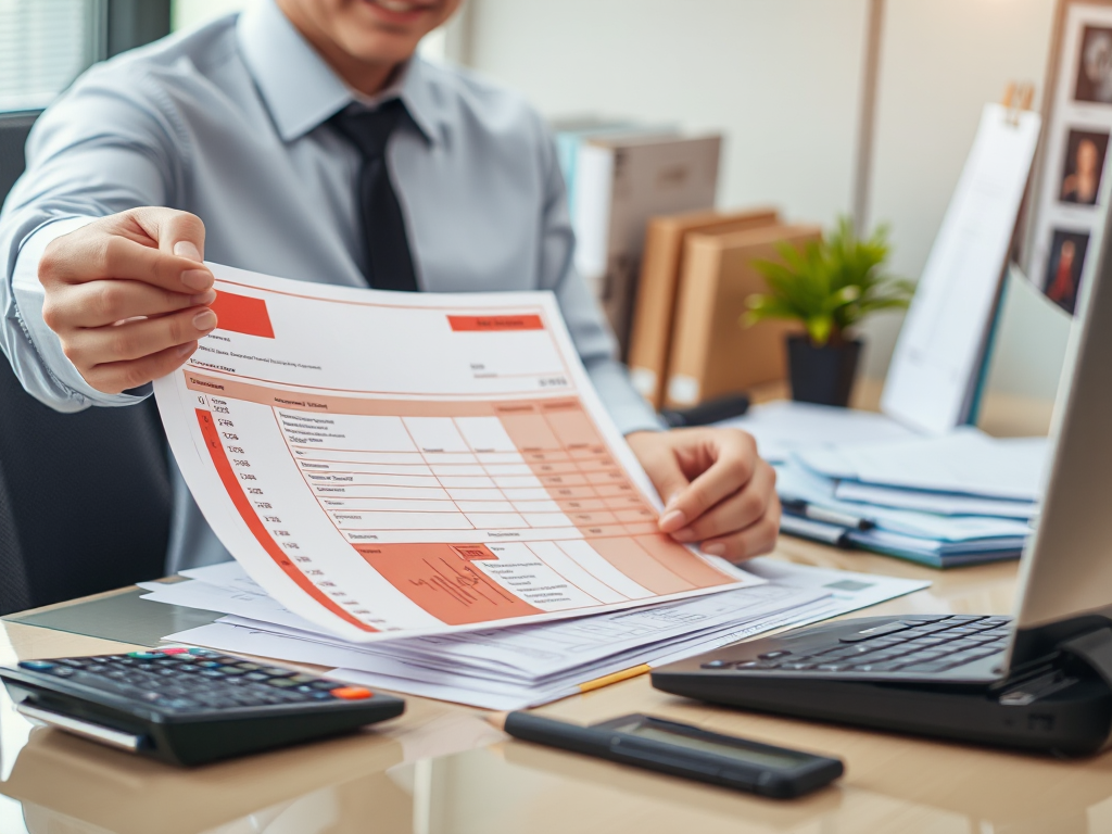 Kế toán viên đang chuẩn bị hóa đơn đỏ tại bàn làm việc với tài liệu được sắp xếp gọn gàng, máy tính và máy tính bỏ túi trong văn phòng công ty