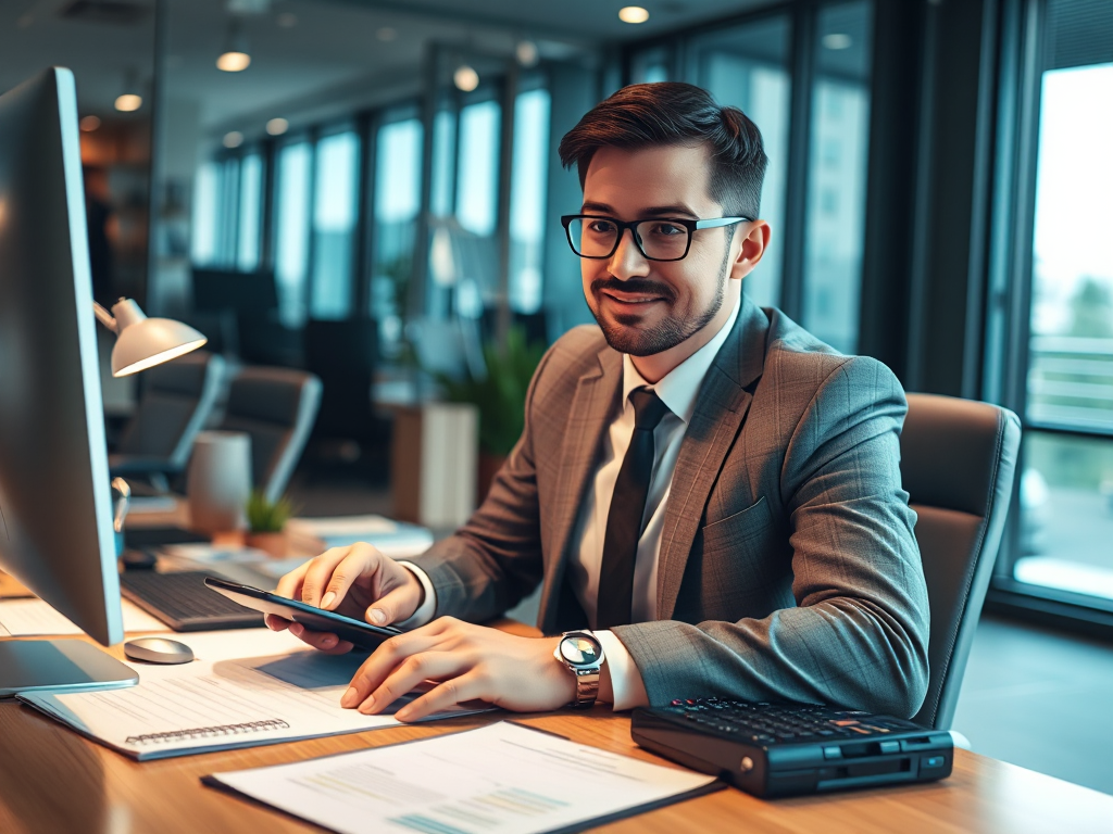 Kế toán viên đang làm việc tại bàn với máy tính, máy tính bỏ túi và tài liệu trong văn phòng công ty với ánh sáng ấm áp