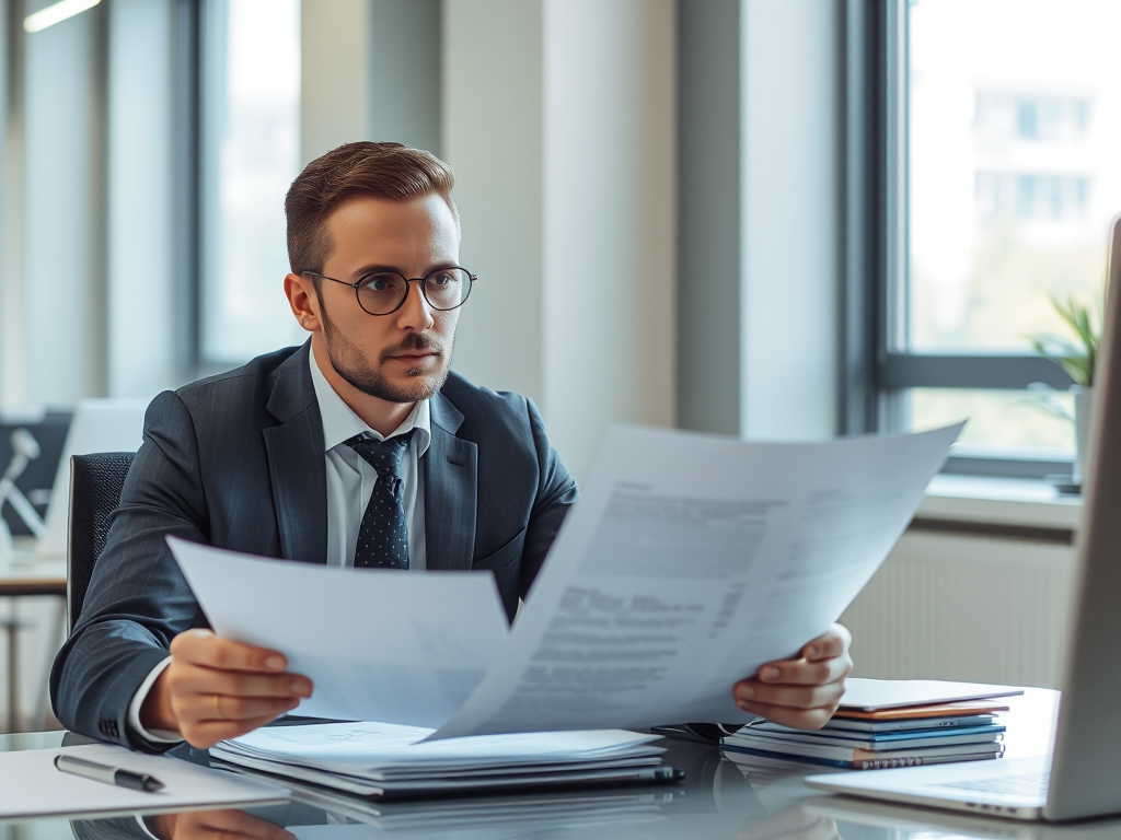 Kế toán viên đang xem xét tài liệu tại bàn làm việc, biểu cảm tập trung, văn phòng hiện đại với ánh sáng tự nhiên, phong cách chụp ảnh doanh nghiệp
