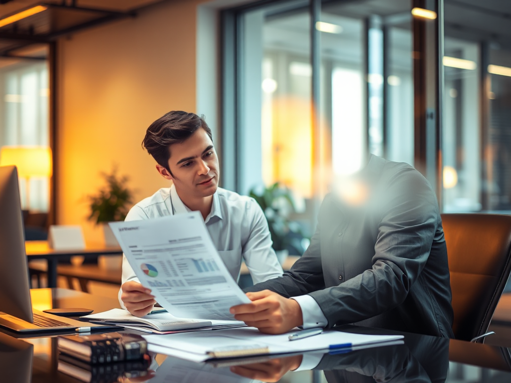Kế toán viên đang xem xét tài liệu tài chính trên bàn làm việc trong văn phòng hiện đại với ánh sáng ấm áp, thể hiện hoạt động bán hóa đơn đỏ chuyên nghiệp