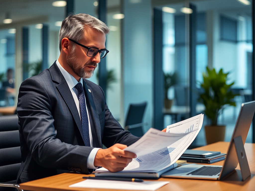 Kế toán viên đang xem xét tài liệu tài chính trong văn phòng hiện đại với ánh sáng tự nhiên, hình ảnh doanh nghiệp chuyên nghiệp