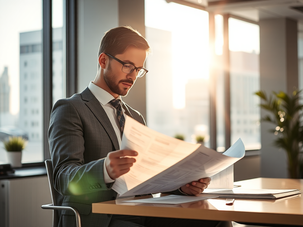 Kế toán viên đang xem xét tài liệu tài chính trong văn phòng hiện đại với ánh sáng tự nhiên, tập trung vào quy trình mua hóa đơn đỏ cho doanh nghiệp