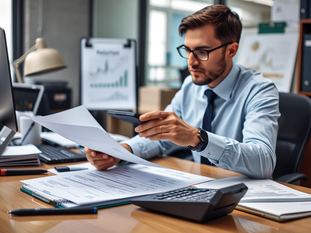 Kế toán viên đang xem xét tài liệu tài chính và sử dụng máy tính trên bàn làm việc được sắp xếp gọn gàng trong văn phòng chuyên nghiệp