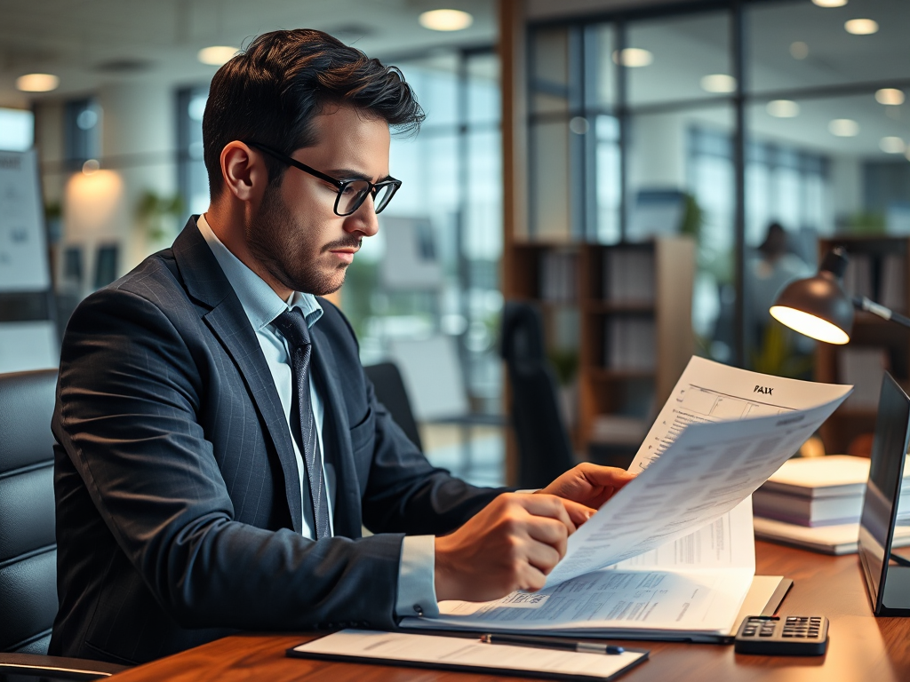 Kế toán viên đang xem xét tài liệu thuế tại bàn làm việc trong văn phòng kế toán hiện đại với ánh sáng ấm áp và không khí làm việc chuyên nghiệp