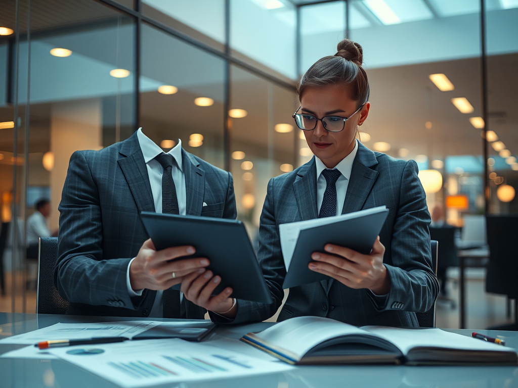 Kế toán viên đang xem xét tài liệu và máy tính bảng hiển thị dữ liệu tài chính trong văn phòng chuyên nghiệp với ánh sáng ấm áp