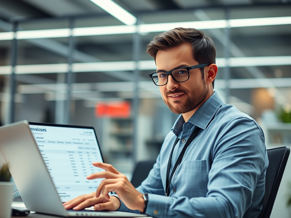 Kế toán viên làm việc với hệ thống hóa đơn điện tử hiện đại trong văn phòng công ty, màn hình hiển thị dữ liệu hóa đơn GTGT chi tiết và rõ ràng