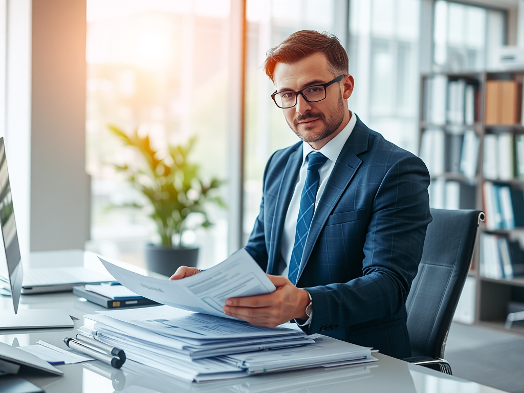 Kế toán viên sắp xếp hóa đơn và chứng từ tài chính trong văn phòng hiện đại với ánh sáng tự nhiên, thể hiện dịch vụ hóa đơn đầu vào trong quản lý chi phí doanh nghiệp