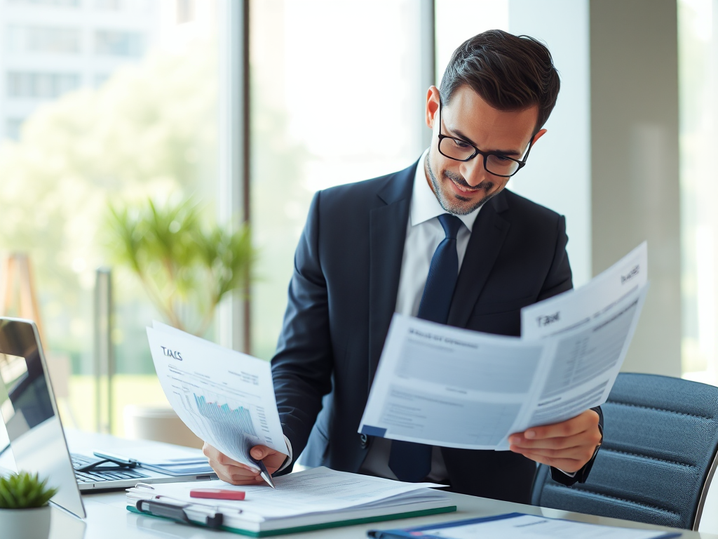 Kế toán viên sắp xếp hóa đơn và chứng từ thuế trong văn phòng hiện đại, ánh sáng tự nhiên chiếu qua cửa sổ lớn, không gian làm việc chuyên nghiệp