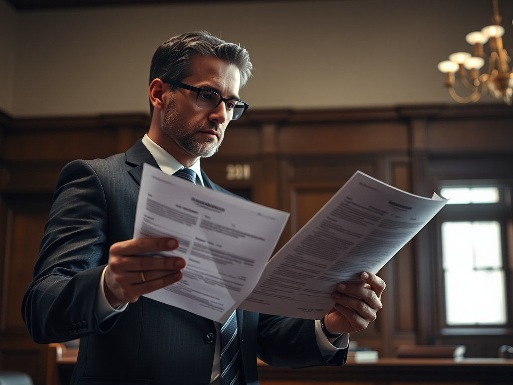Luật sư đang trình bày tài liệu pháp lý trong phòng xử án với ánh sáng kịch tính, biểu tượng cho hậu quả pháp lý của hành vi bán hóa đơn trái phép