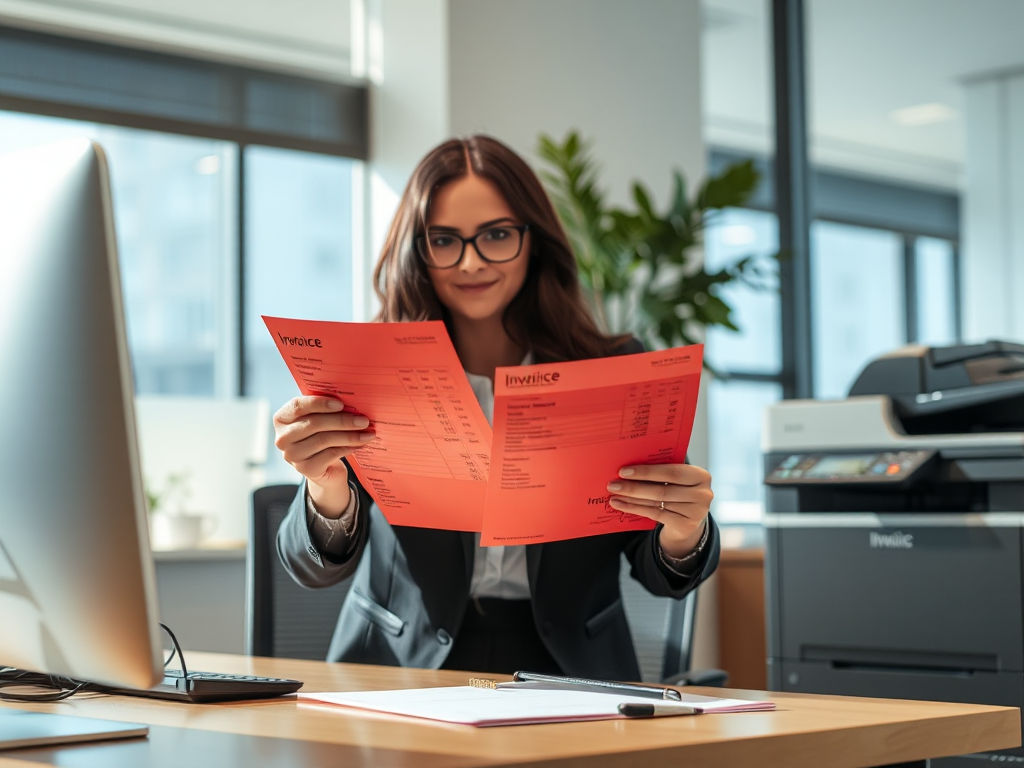 Nhân viên kế toán đang chuẩn bị hóa đơn đỏ tại văn phòng hiện đại với máy tính và máy in, ánh sáng tự nhiên từ cửa sổ, không gian làm việc chuyên nghiệp