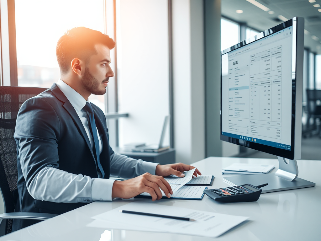 Nhân viên kế toán đang làm việc tại bàn với máy tính và các tài liệu tài chính, ánh sáng tự nhiên từ cửa sổ chiếu vào văn phòng hiện đại