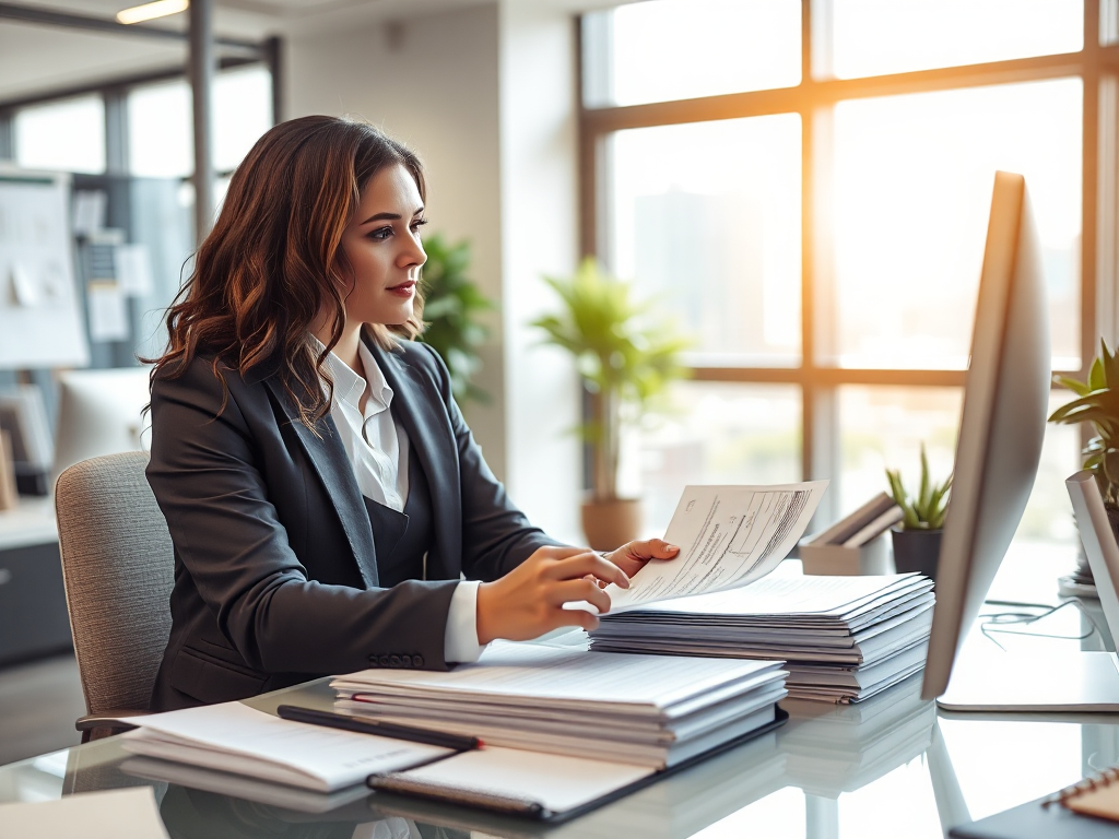 Nhân viên kế toán đang làm việc với hóa đơn và tài liệu tài chính trên bàn làm việc hiện đại trong văn phòng công ty, ánh sáng tự nhiên chiếu vào