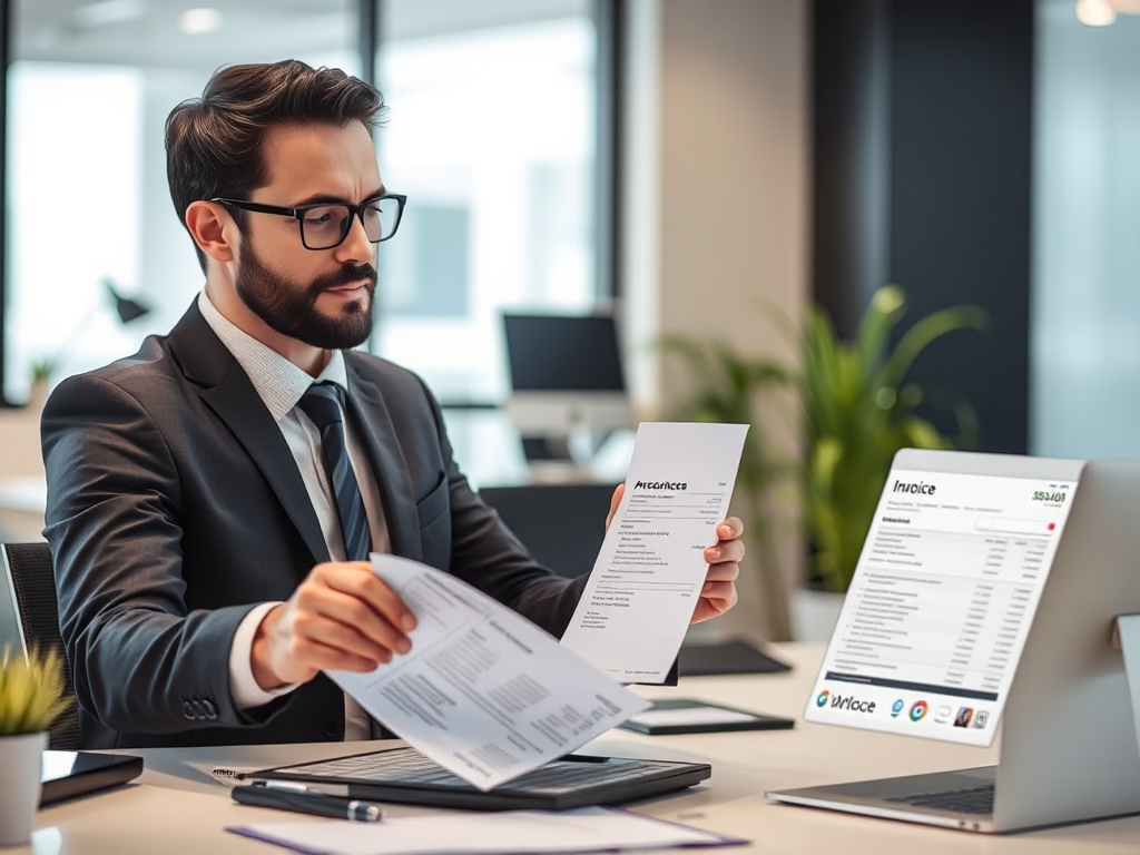 Nhân viên kế toán đang thao tác trên hệ thống hóa đơn điện tử trong văn phòng hiện đại, màn hình máy tính hiển thị các mẫu hóa đơn, không gian làm việc chuyên nghiệp và gọn gàng.