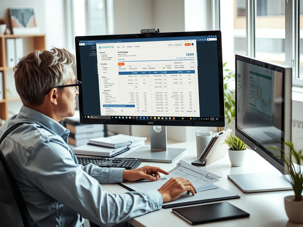 Nhân viên kế toán đang xem xét hóa đơn điện tử trên máy tính, văn phòng làm việc chuyên nghiệp với ánh sáng tự nhiên, dịch vụ hóa đơn đầu ra được thể hiện qua quy trình quản lý hiệu quả