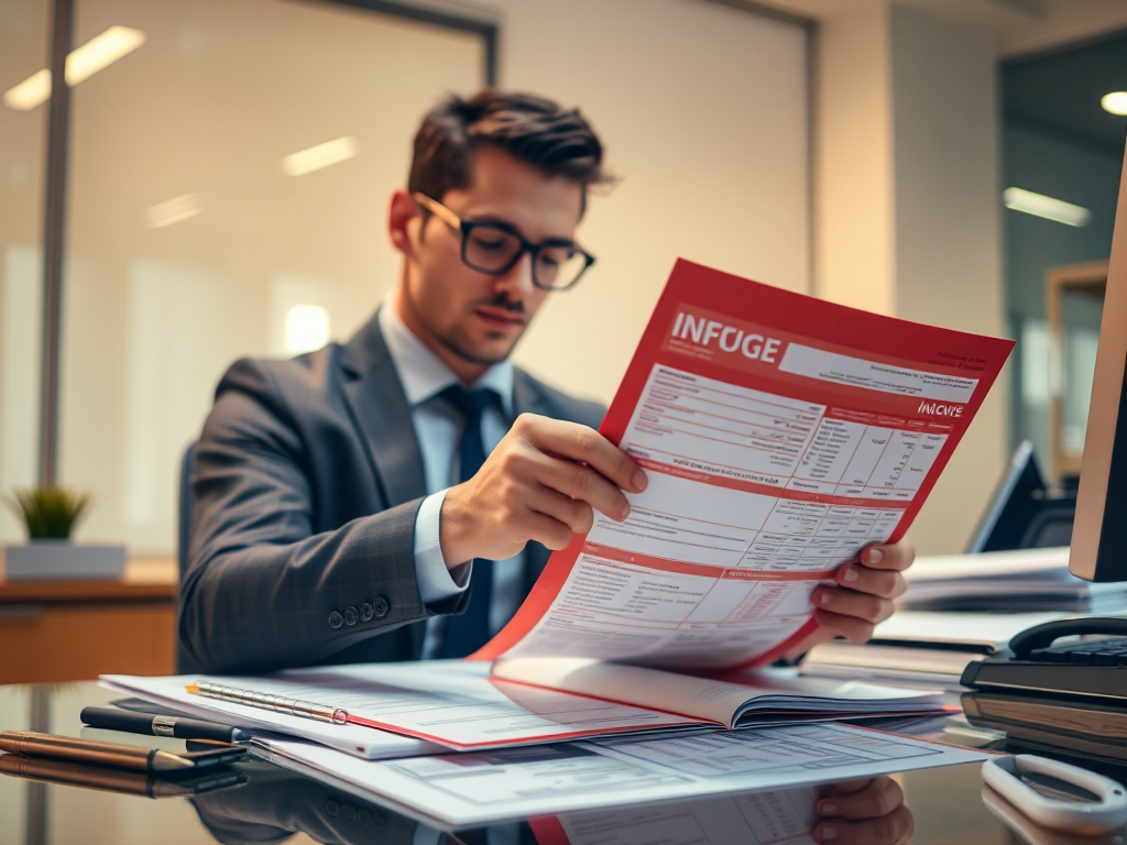 Nhân viên kế toán đang xem xét hóa đơn đỏ trên bàn làm việc với ánh sáng văn phòng ấm áp, tài liệu tài chính chi tiết, môi trường doanh nghiệp chuyên nghiệp