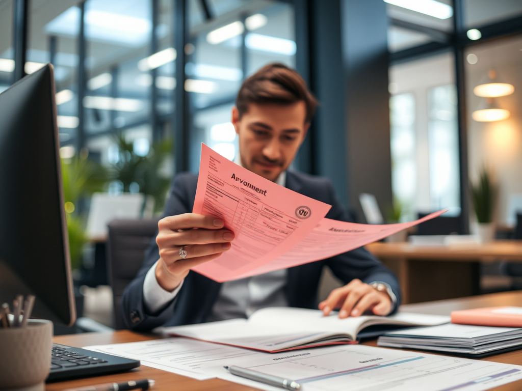 Nhân viên kế toán đang xử lý hóa đơn đỏ tại văn phòng, tập trung vào giấy tờ, không gian làm việc chuyên nghiệp với ánh sáng ấm áp