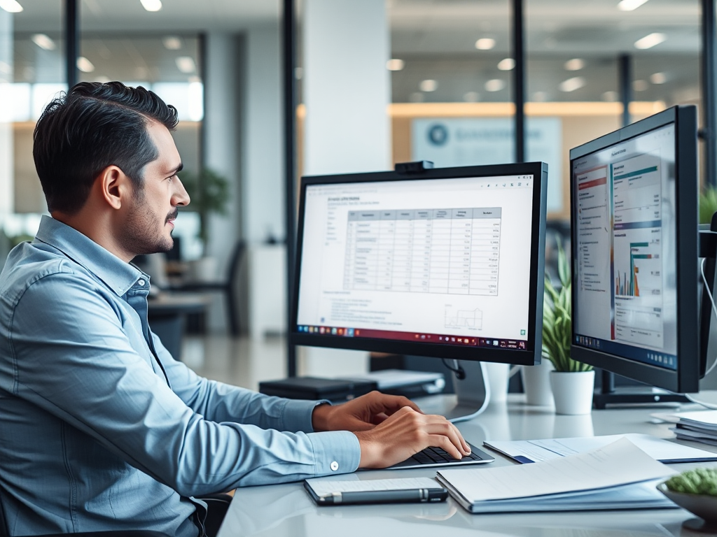 Nhân viên kế toán đang xử lý hóa đơn trên máy tính, bàn làm việc gọn gàng với tài liệu, không gian văn phòng chuyên nghiệp