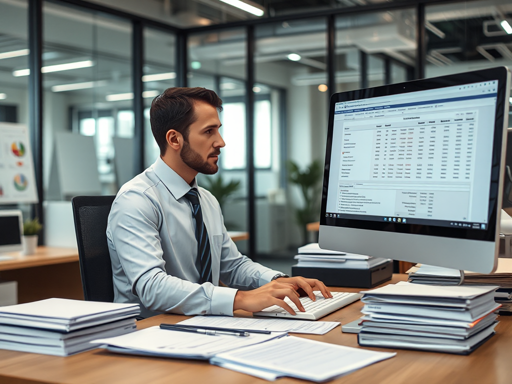 Nhân viên kế toán đang xử lý hóa đơn trên máy tính, bàn làm việc gọn gàng với tài liệu, văn phòng hiện đại với ánh sáng tự nhiên, dịch vụ xuất hóa đơn chuyên nghiệp