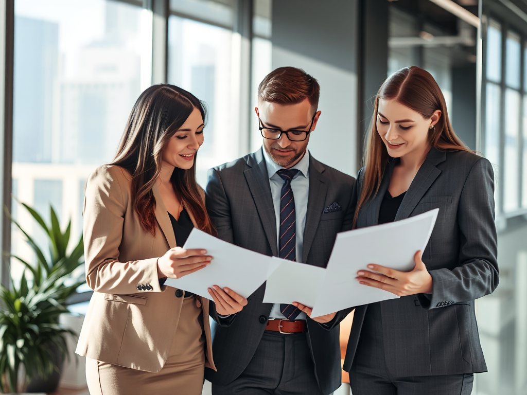 Nhóm chuyên gia doanh nghiệp đang xem xét tài liệu và hóa đơn trong văn phòng hiện đại với ánh sáng tự nhiên, thể hiện quy trình mua hóa đơn đỏ chuyên nghiệp