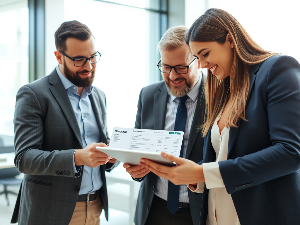 Nhóm chuyên gia doanh nghiệp xem xét hóa đơn điện tử trên máy tính bảng kỹ thuật số trong văn phòng hiện đại, ánh sáng tự nhiên rõ ràng