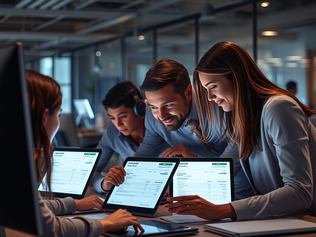 Nhóm chuyên gia làm việc với hệ thống hóa đơn điện tử hiện đại trong văn phòng công ty, màn hình máy tính hiển thị dữ liệu hóa đơn GTGT chi tiết