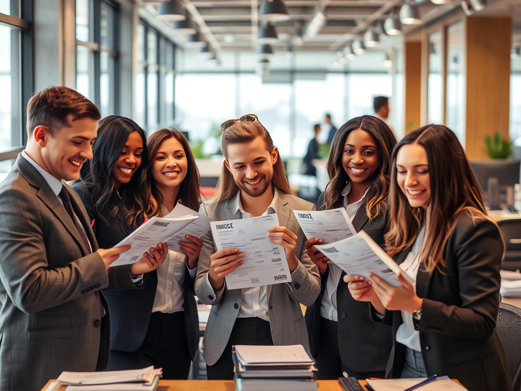 Nhóm chuyên gia làm việc với nhiều loại hóa đơn đỏ trong các lĩnh vực khác nhau, văn phòng hiện đại, ánh sáng tự nhiên, minh họa quy trình xuất hóa đơn đỏ