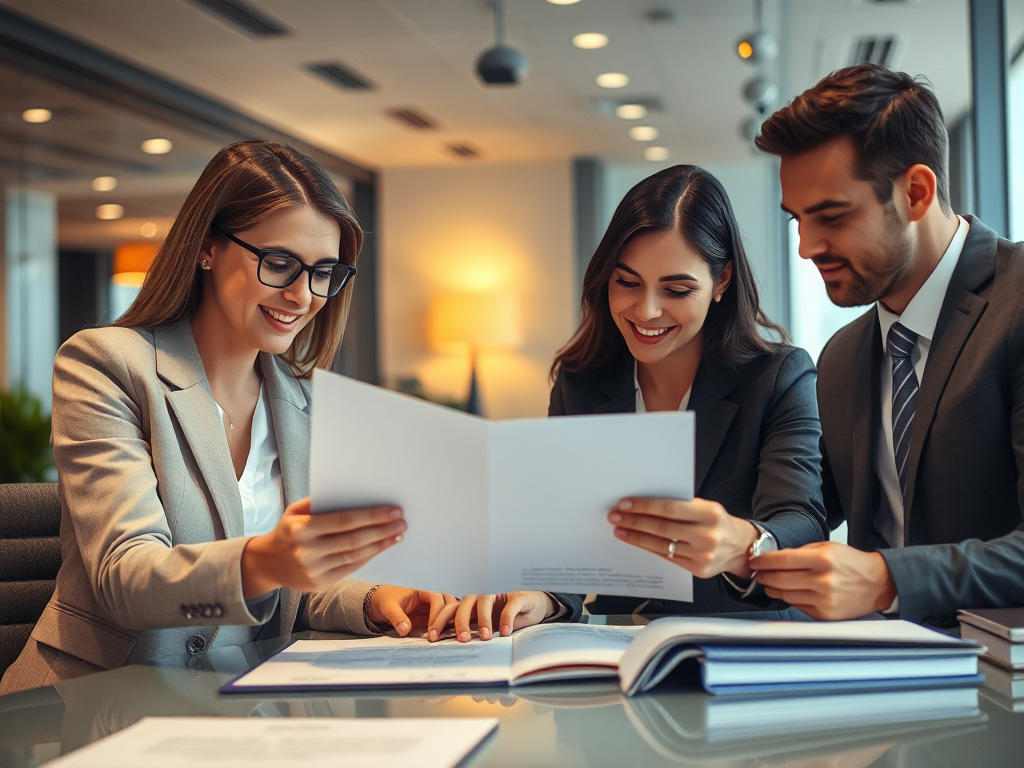 Nhóm chuyên gia pháp lý xem xét tài liệu hợp đồng trong văn phòng hiện đại với ánh sáng ấm áp, tập trung vào quy trình mua hóa đơn cho doanh nghiệp