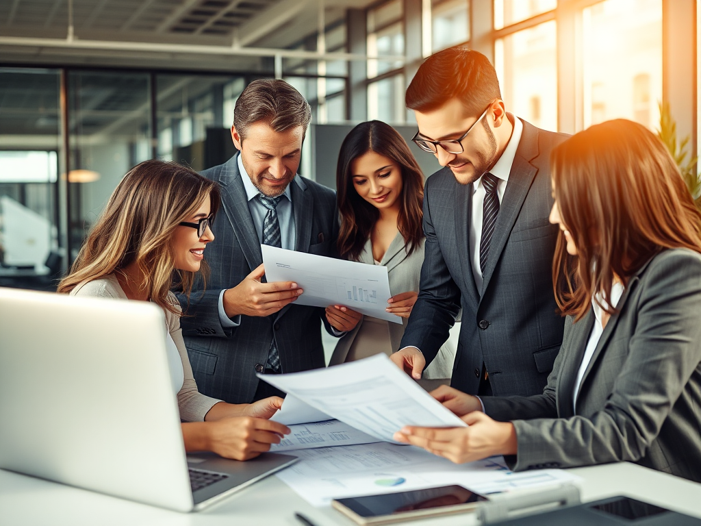 Nhóm chuyên gia tài chính đang phân tích hóa đơn và tài liệu kế toán trong văn phòng hiện đại, tạo ra môi trường làm việc chuyên nghiệp và hiệu quả