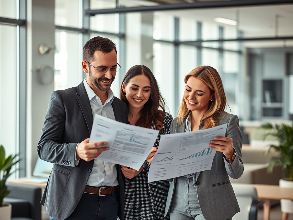 Nhóm chuyên gia tài chính đang xem xét tài liệu kế toán và hóa đơn VAT trong văn phòng hiện đại với ánh sáng tự nhiên dịu nhẹ