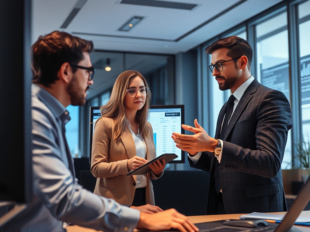 Nhóm chuyên gia tài chính phân tích dữ liệu hóa đơn điện tử trên màn hình máy tính trong văn phòng hiện đại, thể hiện dịch vụ hóa đơn GTGT chuyên nghiệp