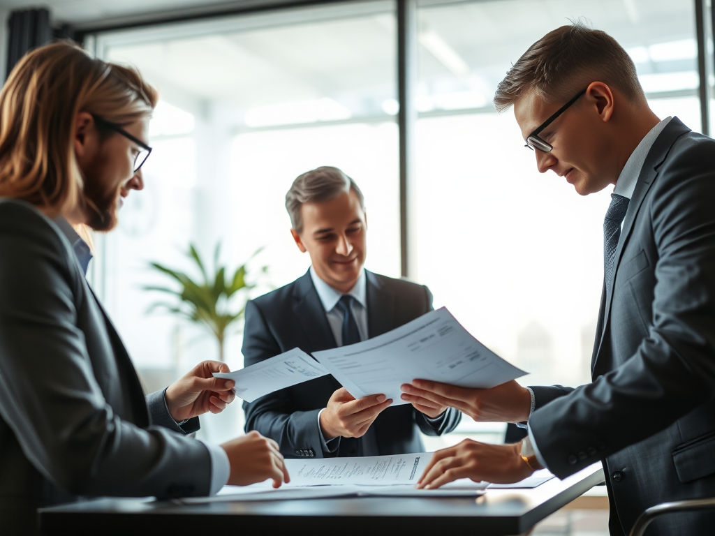 Nhóm chuyên gia tài chính phân tích hóa đơn và tài liệu kế toán trong văn phòng hiện đại, ánh sáng tự nhiên dịu nhẹ tạo không gian làm việc chuyên nghiệp