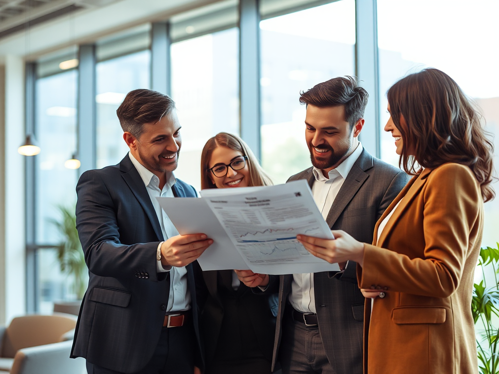 Nhóm chuyên gia tài chính xem xét tài liệu hóa đơn trong văn phòng hiện đại với ánh sáng tự nhiên ấm áp, dịch vụ hóa đơn đầu ra chuyên nghiệp