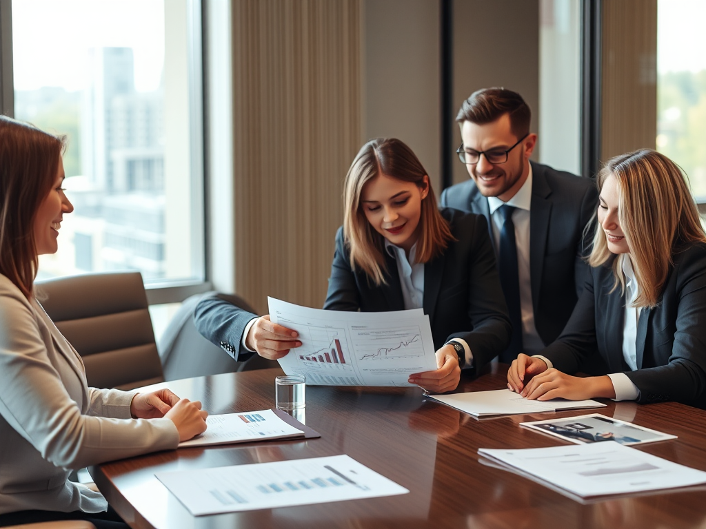 Nhóm chuyên gia tài chính xem xét tài liệu tài chính tại bàn họp trong văn phòng hiện đại với ánh sáng tự nhiên, minh họa quy trình mua hóa đơn đầu ra cho doanh nghiệp