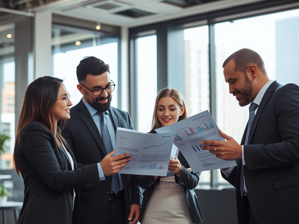 Nhóm doanh nghiệp đang phân tích tài liệu tài chính trong văn phòng hiện đại với ánh sáng tự nhiên, thể hiện hoạt động kiểm tra hóa đơn và quản lý rủi ro pháp lý