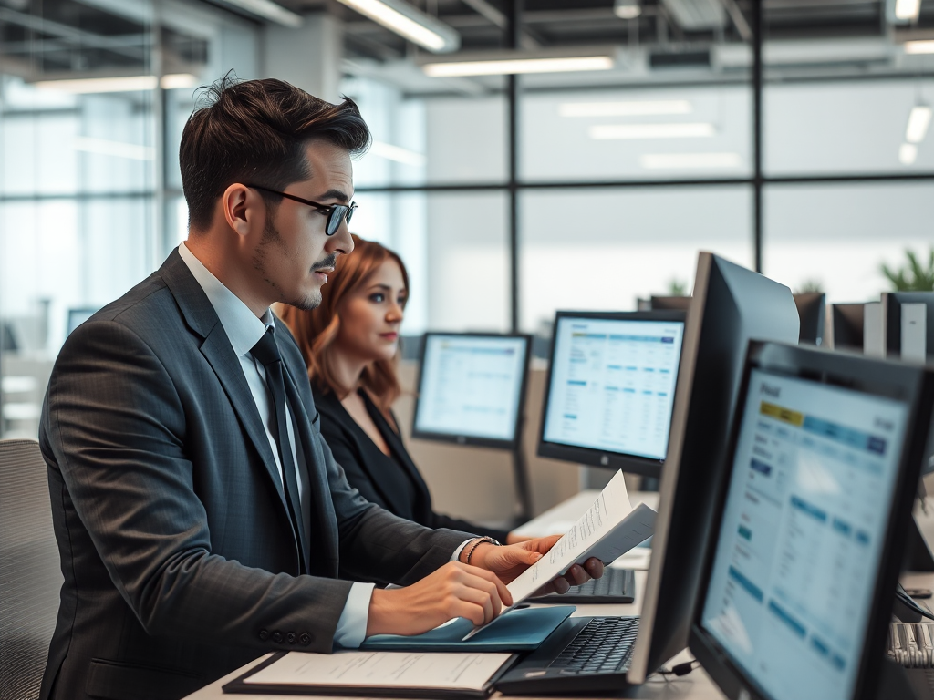 Nhóm kế toán đang xem xét hóa đơn điện tử trên máy tính trong văn phòng hiện đại với ánh sáng tự nhiên, thể hiện quy trình mua bán hóa đơn điện tử cho doanh nghiệp