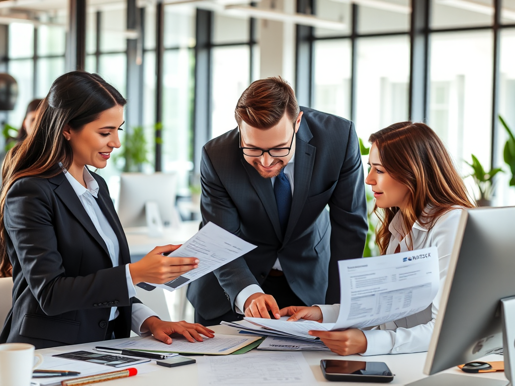 Nhóm kế toán đang xem xét hóa đơn và tài liệu tài chính trong văn phòng sáng sủa, trang phục công sở chuyên nghiệp, không gian làm việc ngăn nắp với máy tính và giấy tờ, ánh sáng tự nhiên từ cửa sổ