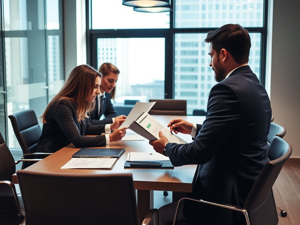 Nhóm nhân viên đang xem xét tài liệu tại bàn họp trong văn phòng hiện đại với ánh sáng tự nhiên từ cửa sổ, tạo không gian làm việc chuyên nghiệp