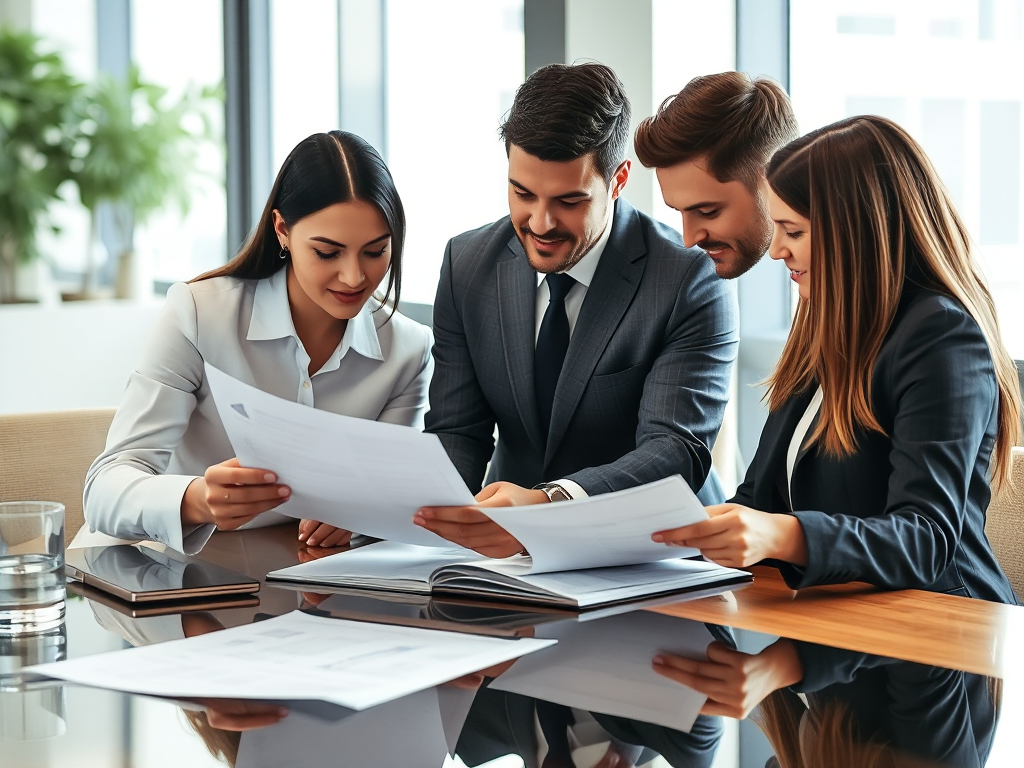 Nhóm nhân viên doanh nghiệp đang xem xét tài liệu tài chính tại bàn họp trong văn phòng hiện đại với ánh sáng tự nhiên, thể hiện quy trình mua bán hóa đơn VAT