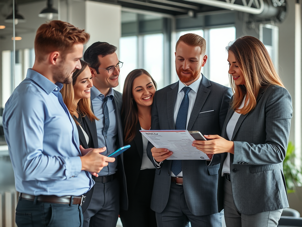 Nhóm nhân viên doanh nghiệp thảo luận về quy trình bán hóa đơn điện tử tại văn phòng hiện đại với ánh sáng tự nhiên